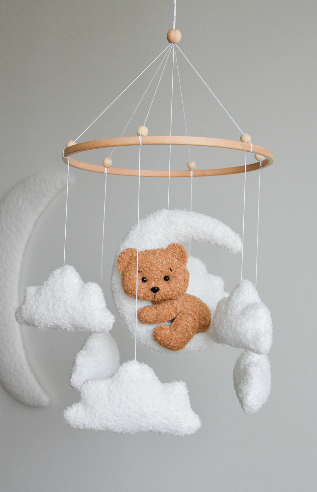 Teddy bear baby mobile with Boucle clouds