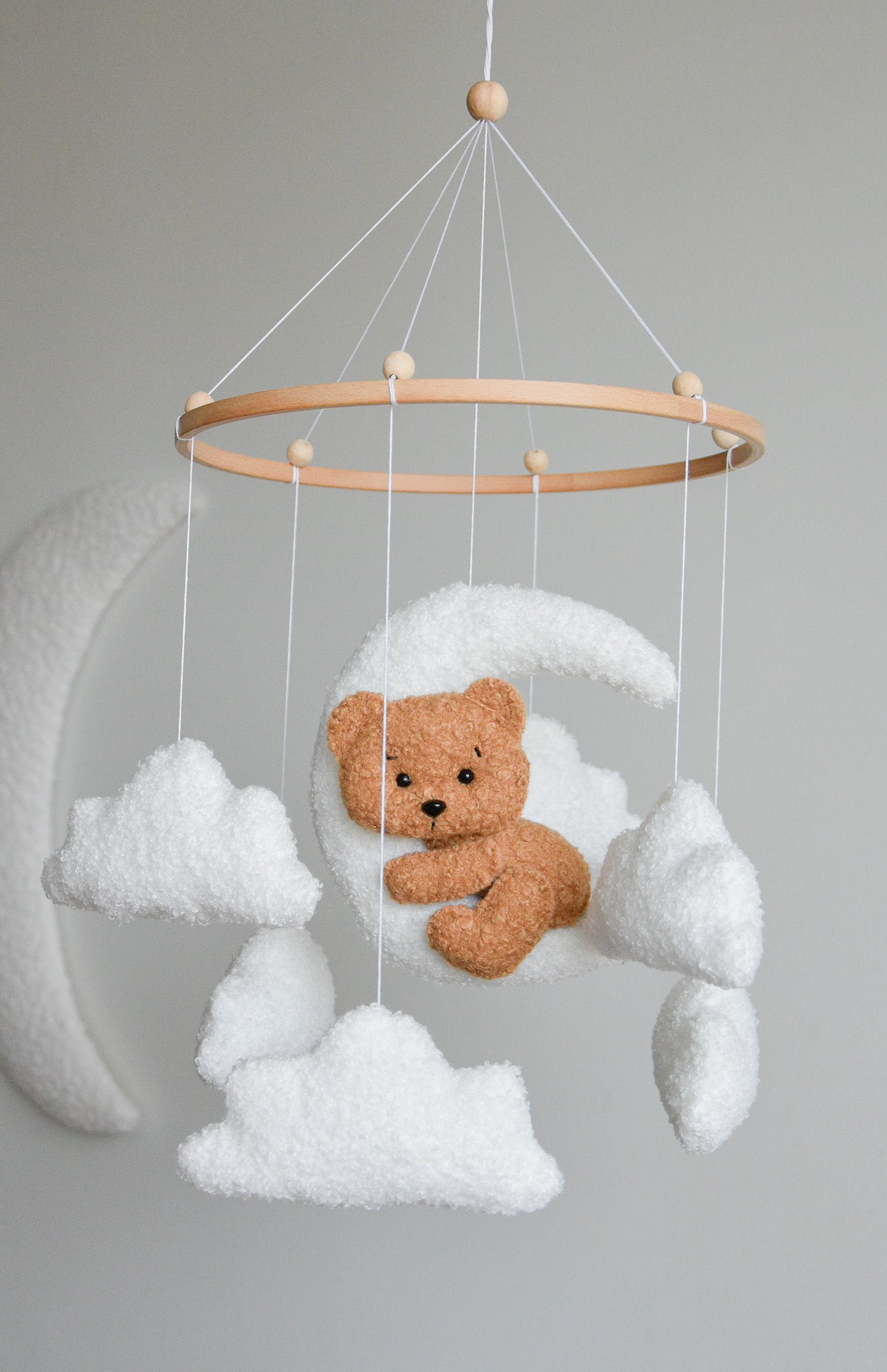 Teddy bear baby mobile with Boucle clouds