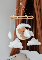Teddy bear baby mobile with Boucle clouds