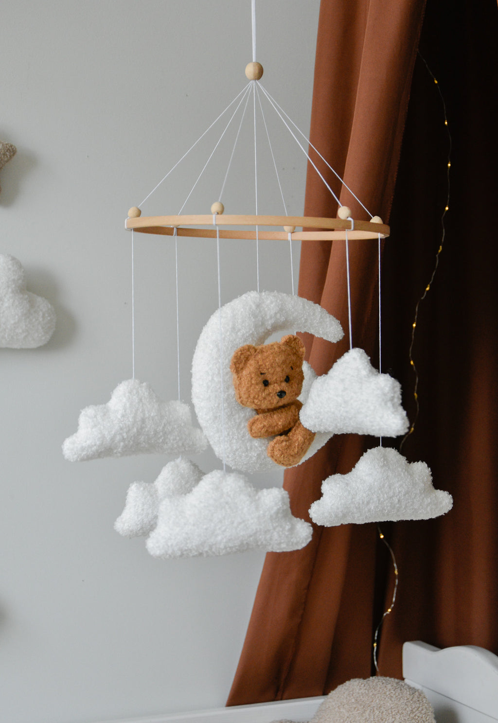 Teddy bear baby mobile with Boucle clouds