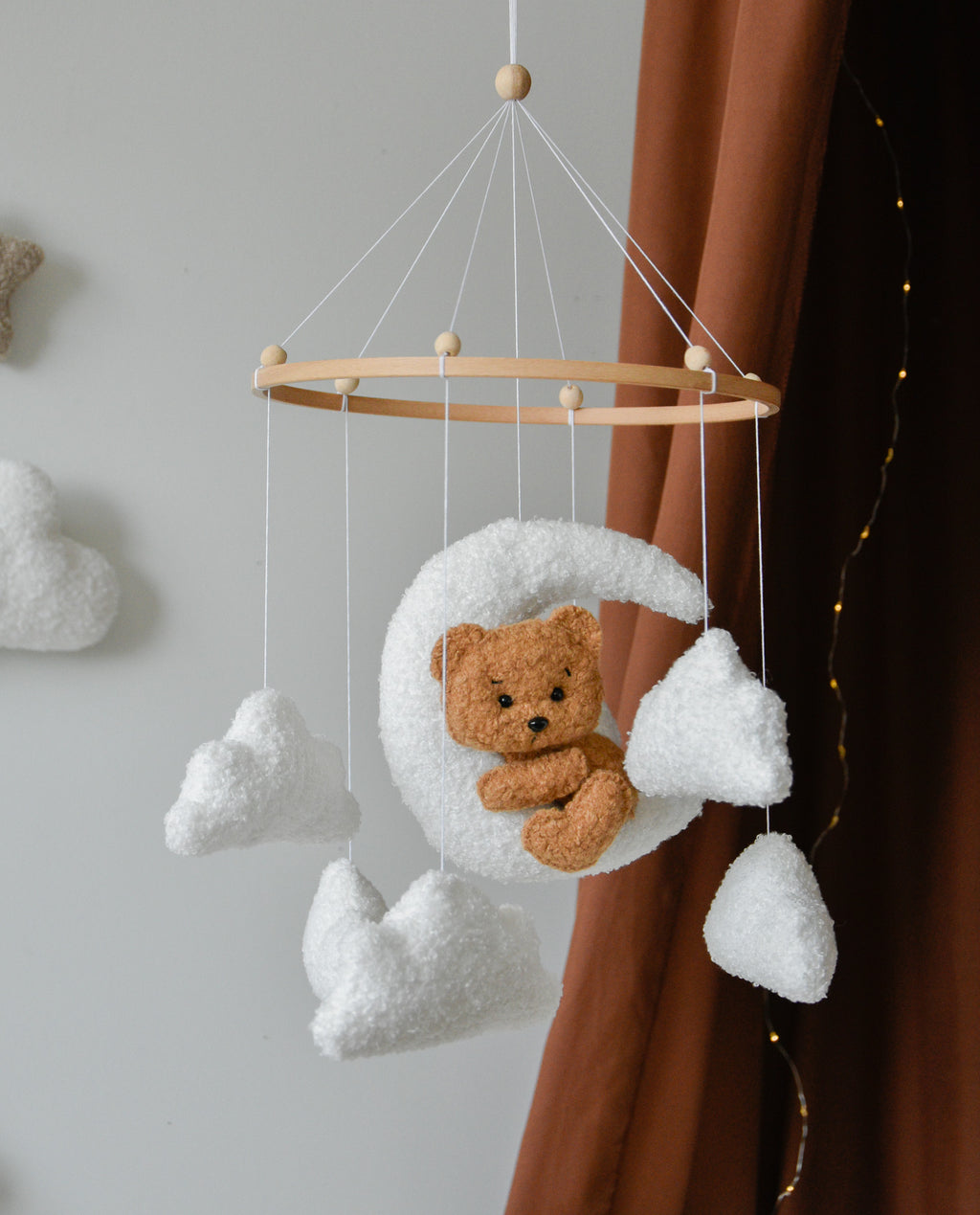 Teddy bear baby mobile with Boucle clouds