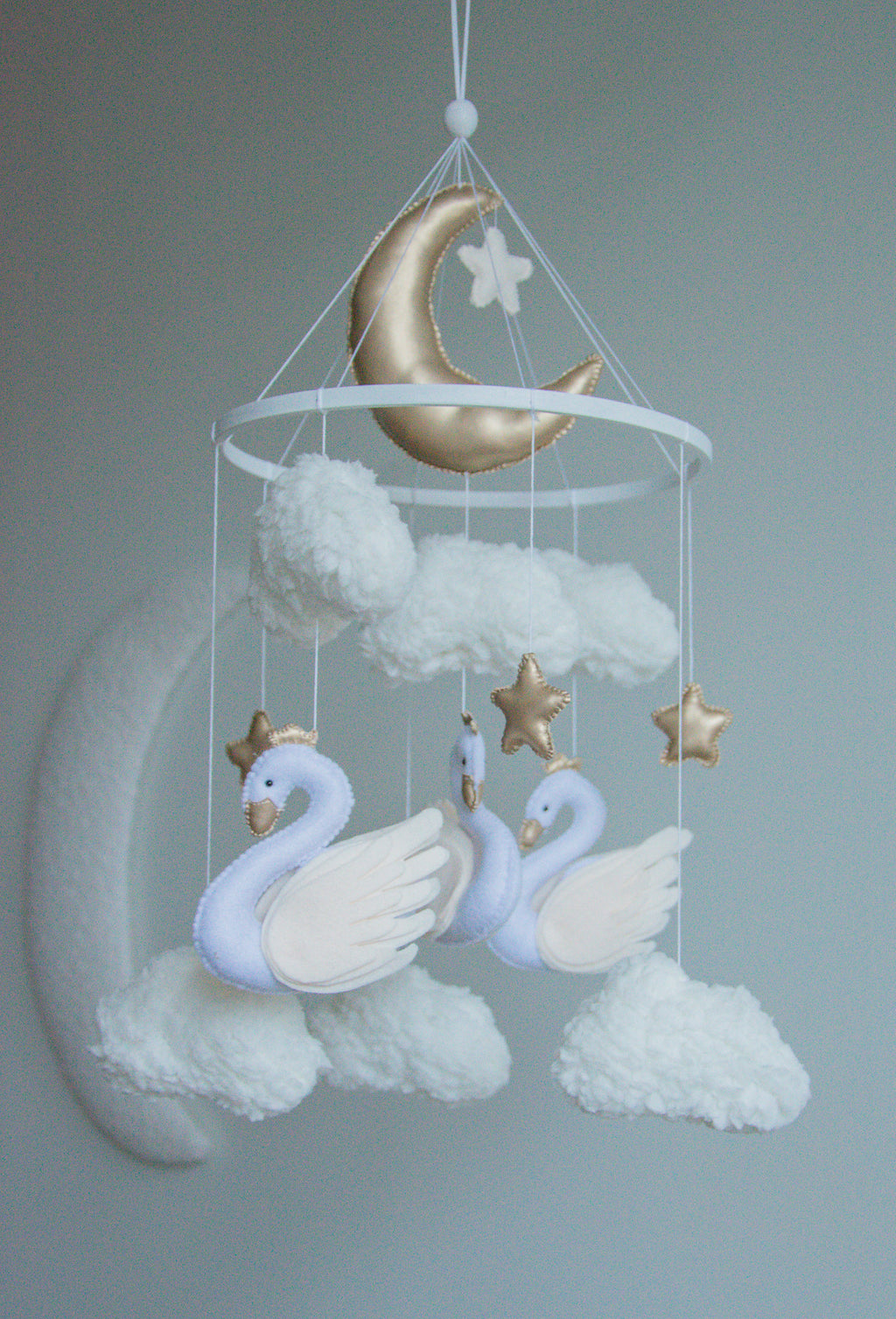 Swan Baby Mobile – Handmade Neutral Crib Mobile with Clouds and Moon, Elegant Nursery Decor