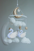 Swan Baby Mobile – Handmade Neutral Crib Mobile with Clouds and Moon, Elegant Nursery Decor
