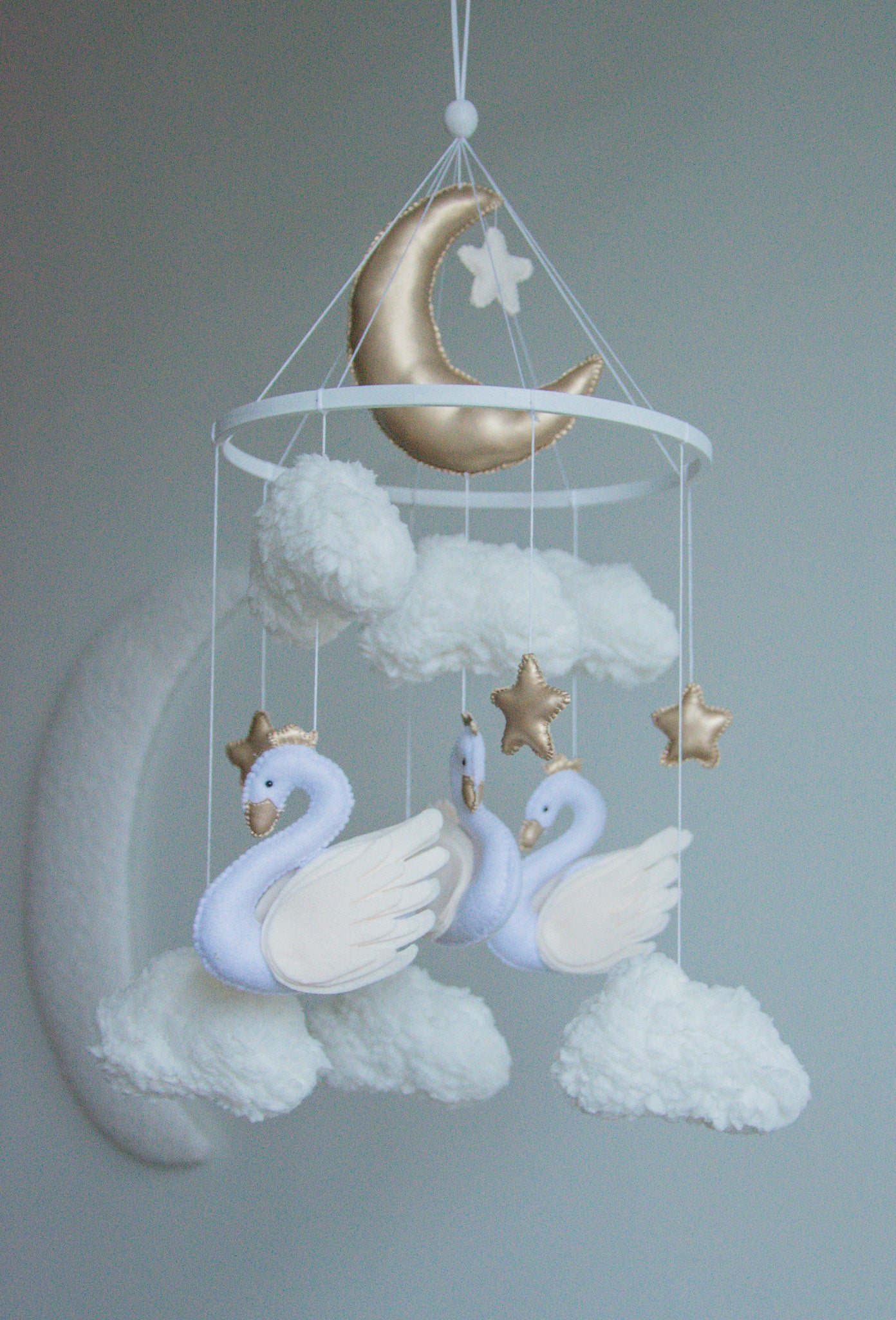 Swan Baby Mobile – Handmade Neutral Crib Mobile with Clouds and Moon, Elegant Nursery Decor
