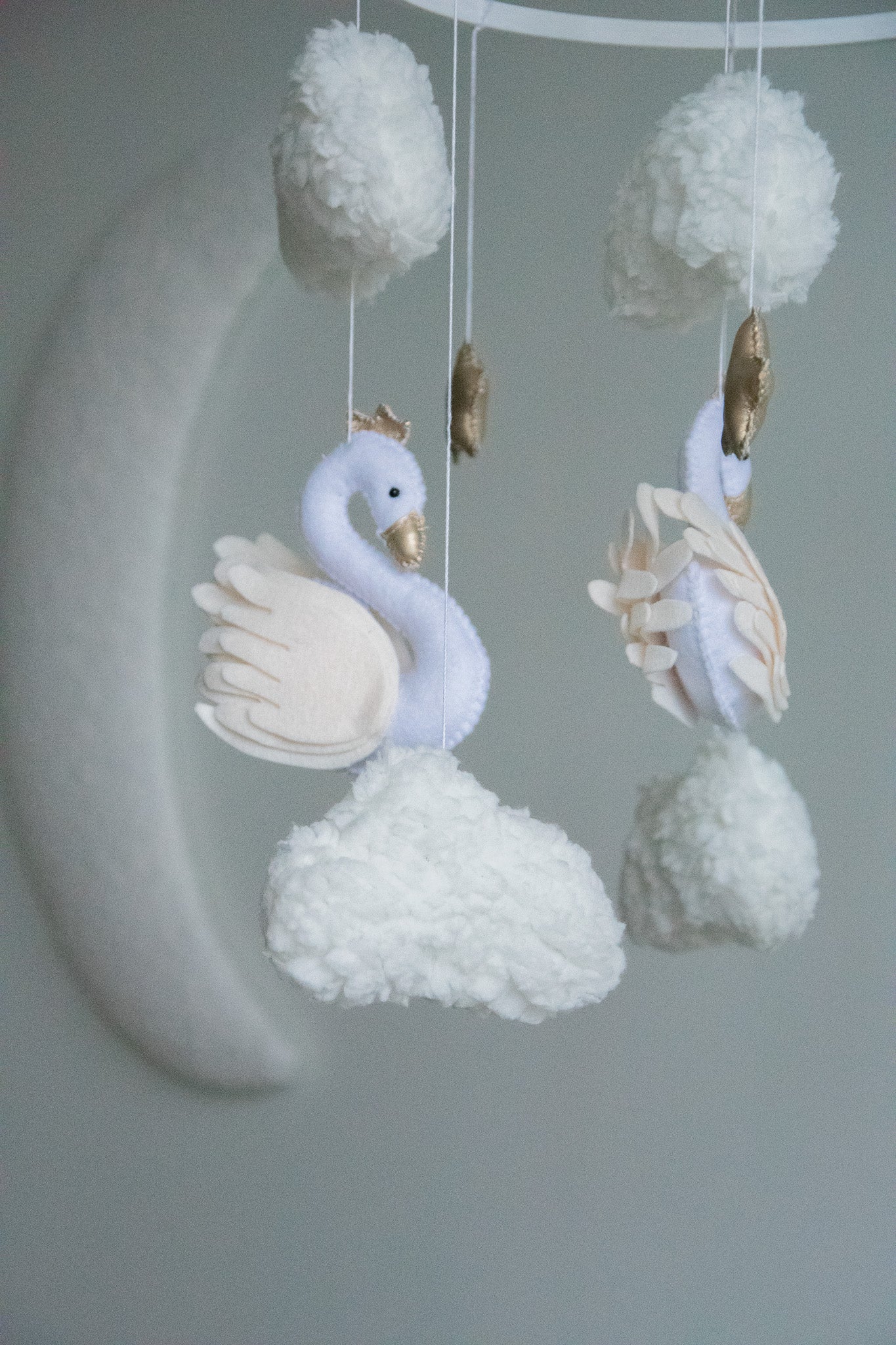 Swan Baby Mobile – Handmade Neutral Crib Mobile with Clouds and Moon, Elegant Nursery Decor
