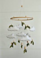Floral mobile with leaves wooden beads and clouds - Minidreams Decor