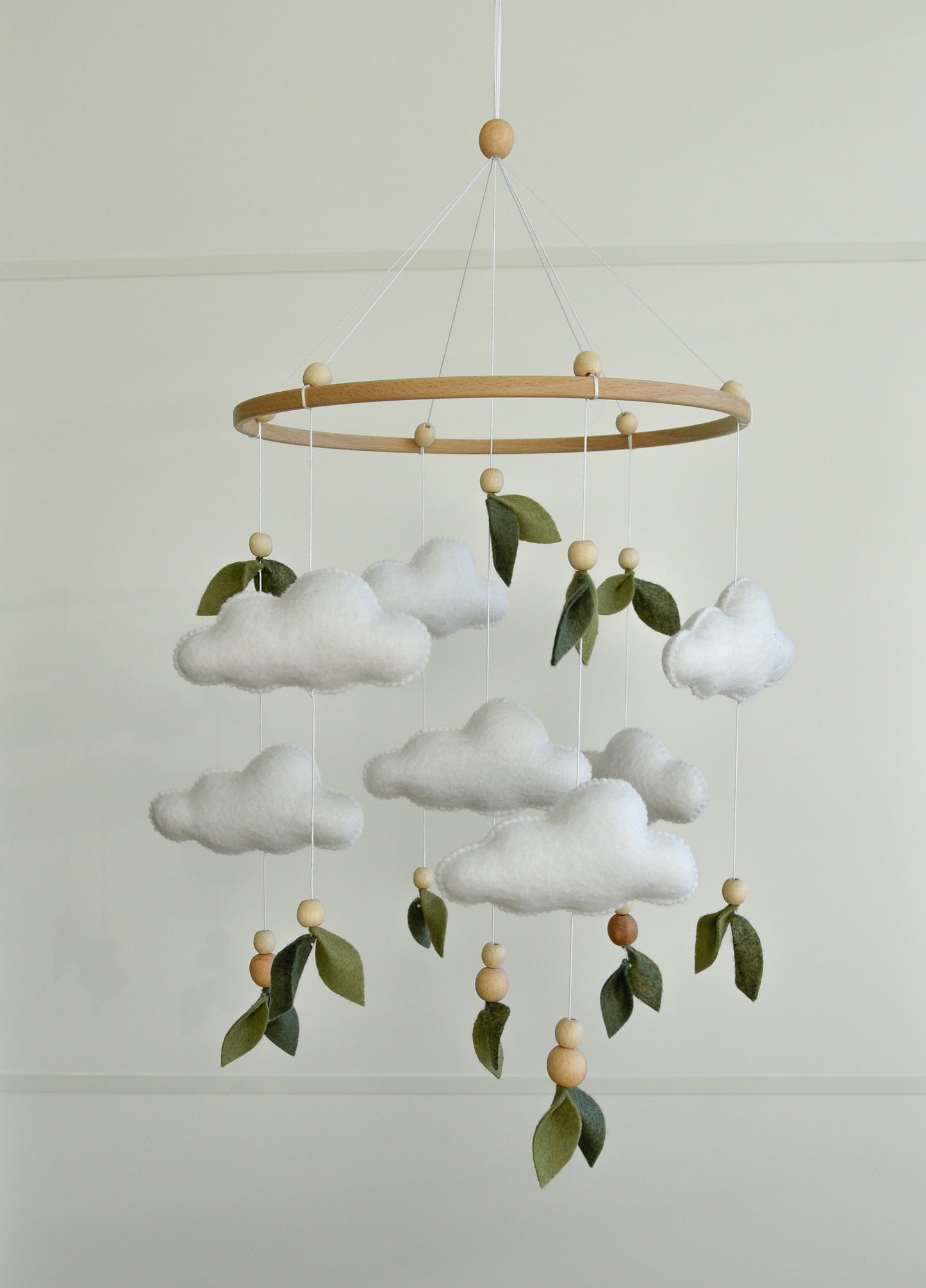 Floral mobile with leaves wooden beads and clouds