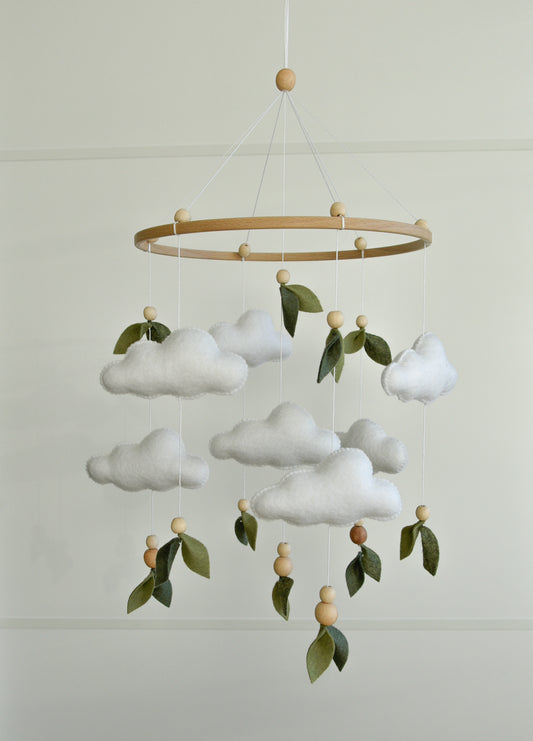 Floral mobile with leaves wooden beads and clouds