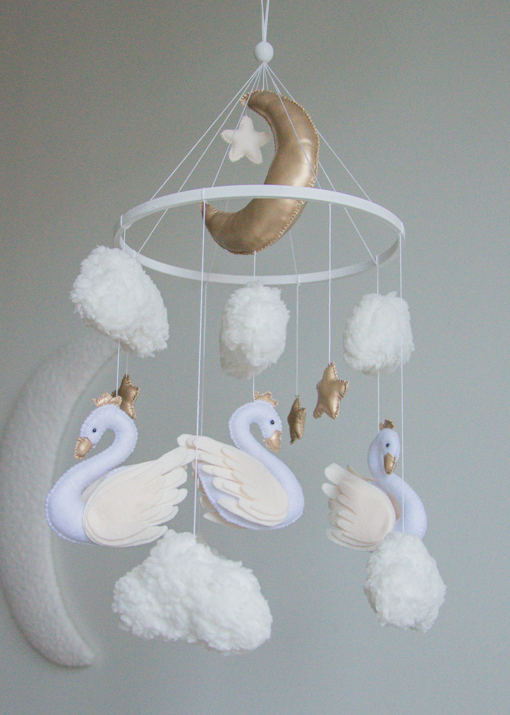 Swan Baby Mobile – Handmade Neutral Crib Mobile with Clouds and Moon, Elegant Nursery Decor