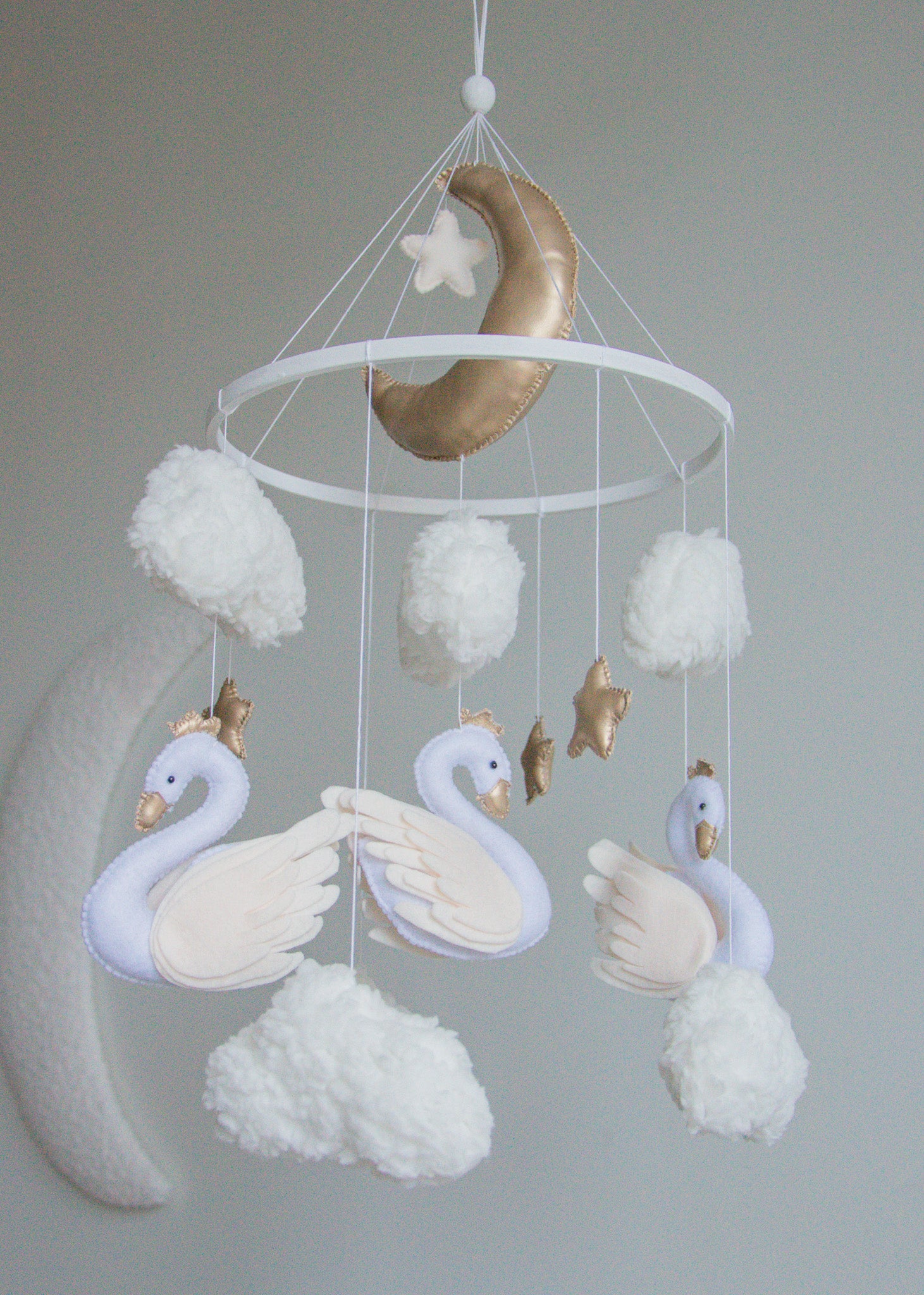 Swan Baby Mobile – Handmade Neutral Crib Mobile with Clouds and Moon, Elegant Nursery Decor