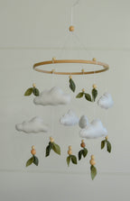 Floral mobile with leaves wooden beads and clouds - Minidreams Decor
