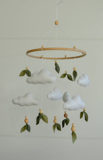 Floral mobile with leaves wooden beads and clouds