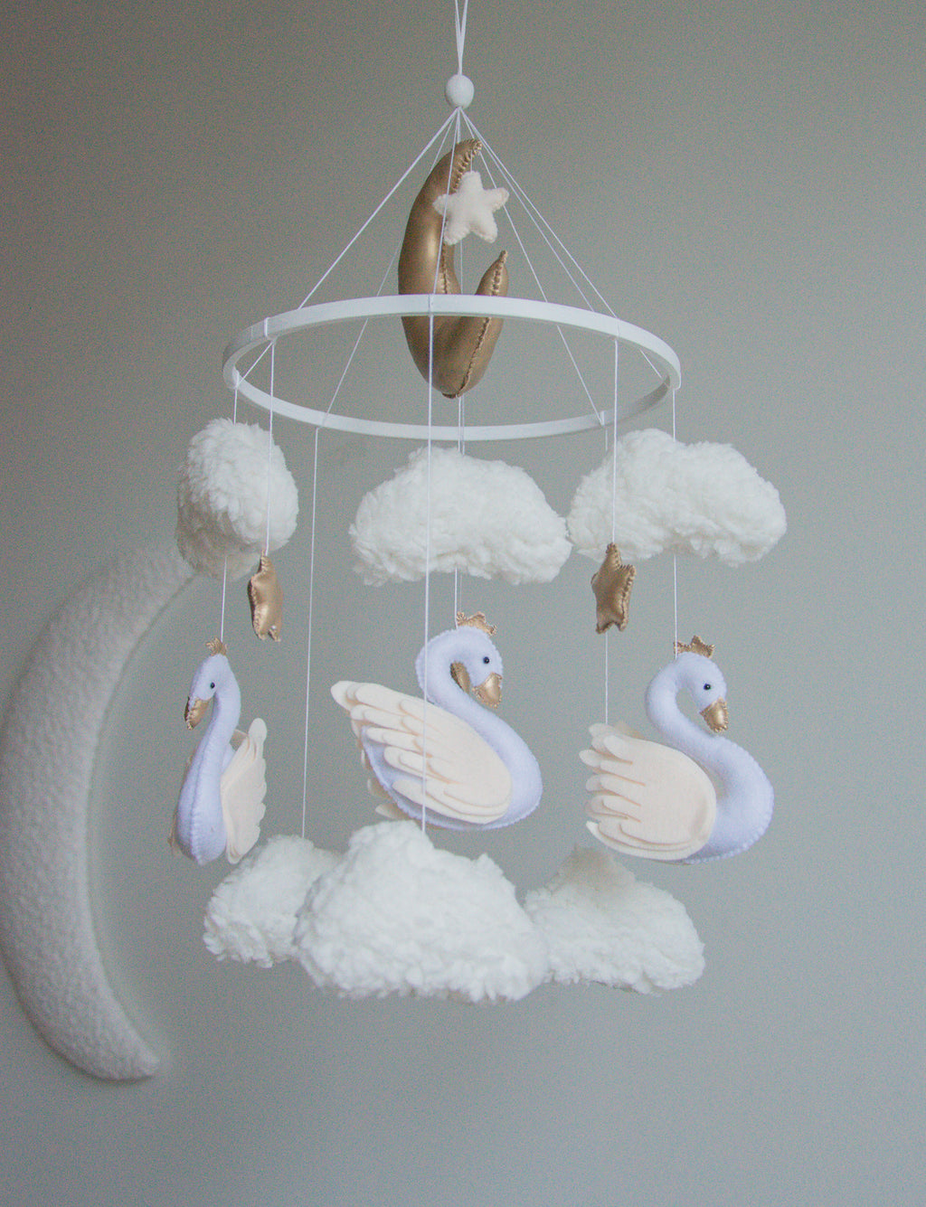 Swan Baby Mobile – Handmade Neutral Crib Mobile with Clouds and Moon, Elegant Nursery Decor