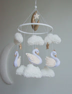 Swan Baby Mobile – Handmade Neutral Crib Mobile with Clouds and Moon, Elegant Nursery Decor