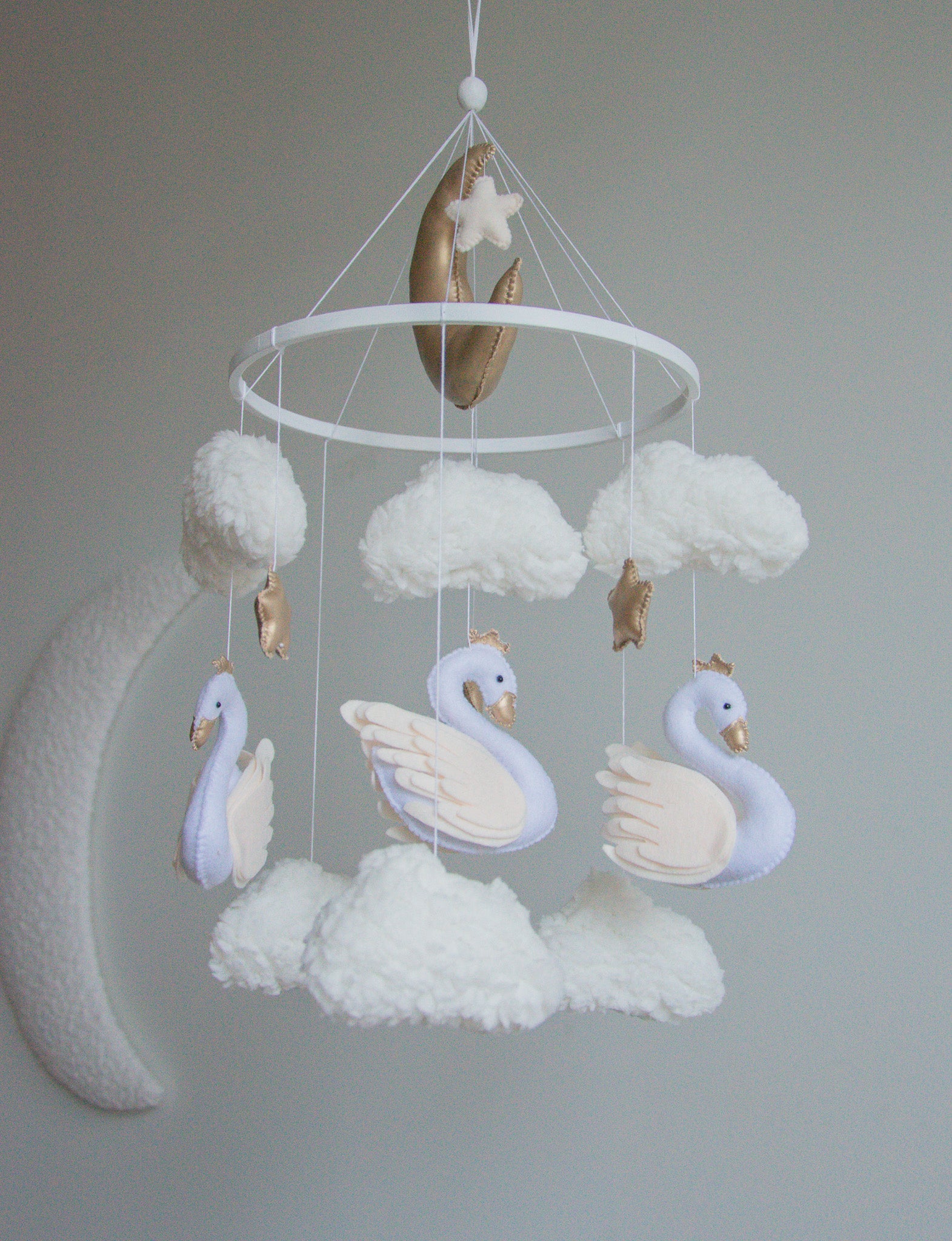 Swan Baby Mobile – Handmade Neutral Crib Mobile with Clouds and Moon, Elegant Nursery Decor