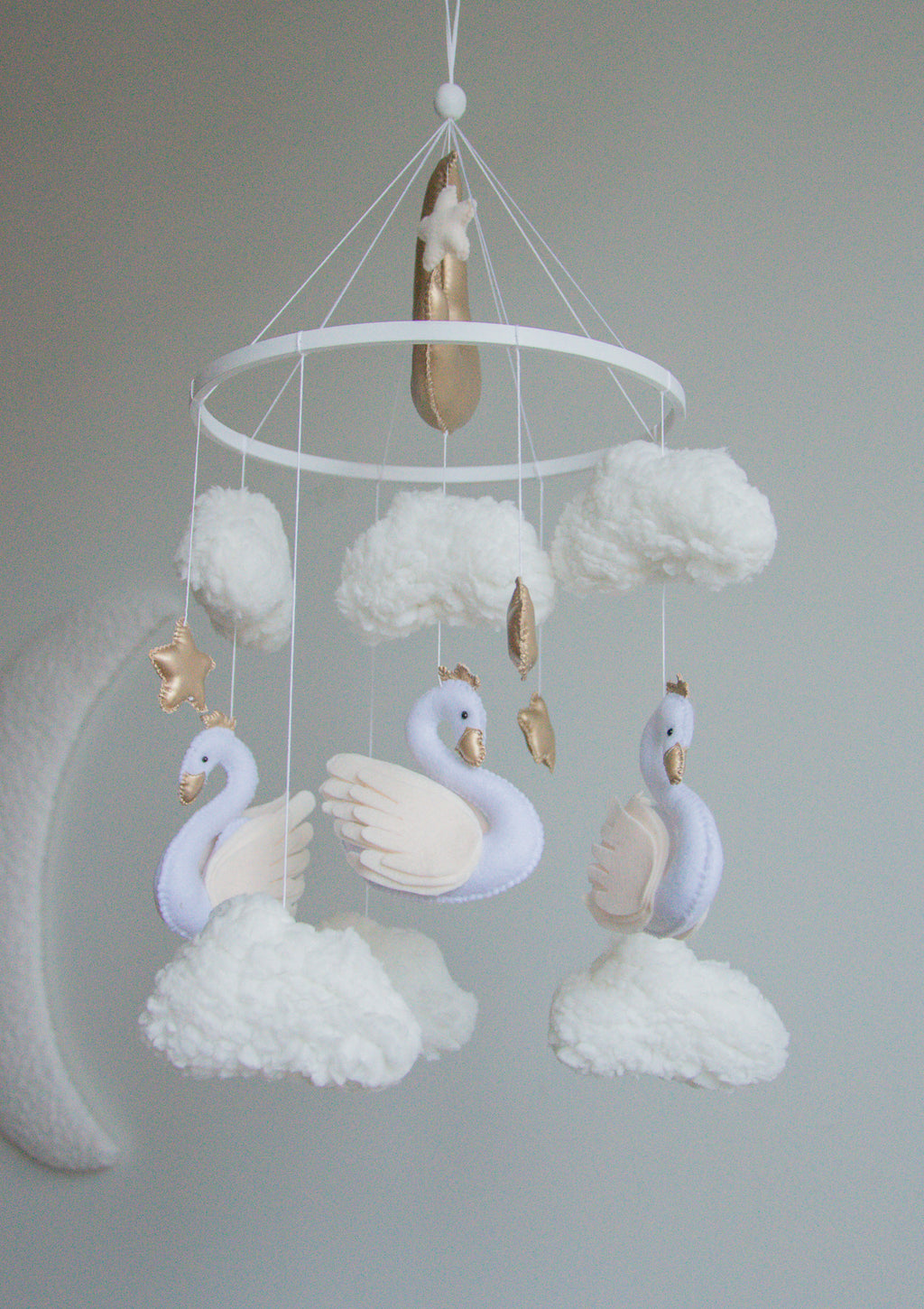 Swan Baby Mobile – Handmade Neutral Crib Mobile with Clouds and Moon, Elegant Nursery Decor