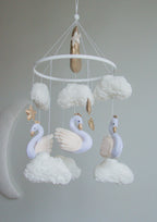 Swan Baby Mobile – Handmade Neutral Crib Mobile with Clouds and Moon, Elegant Nursery Decor