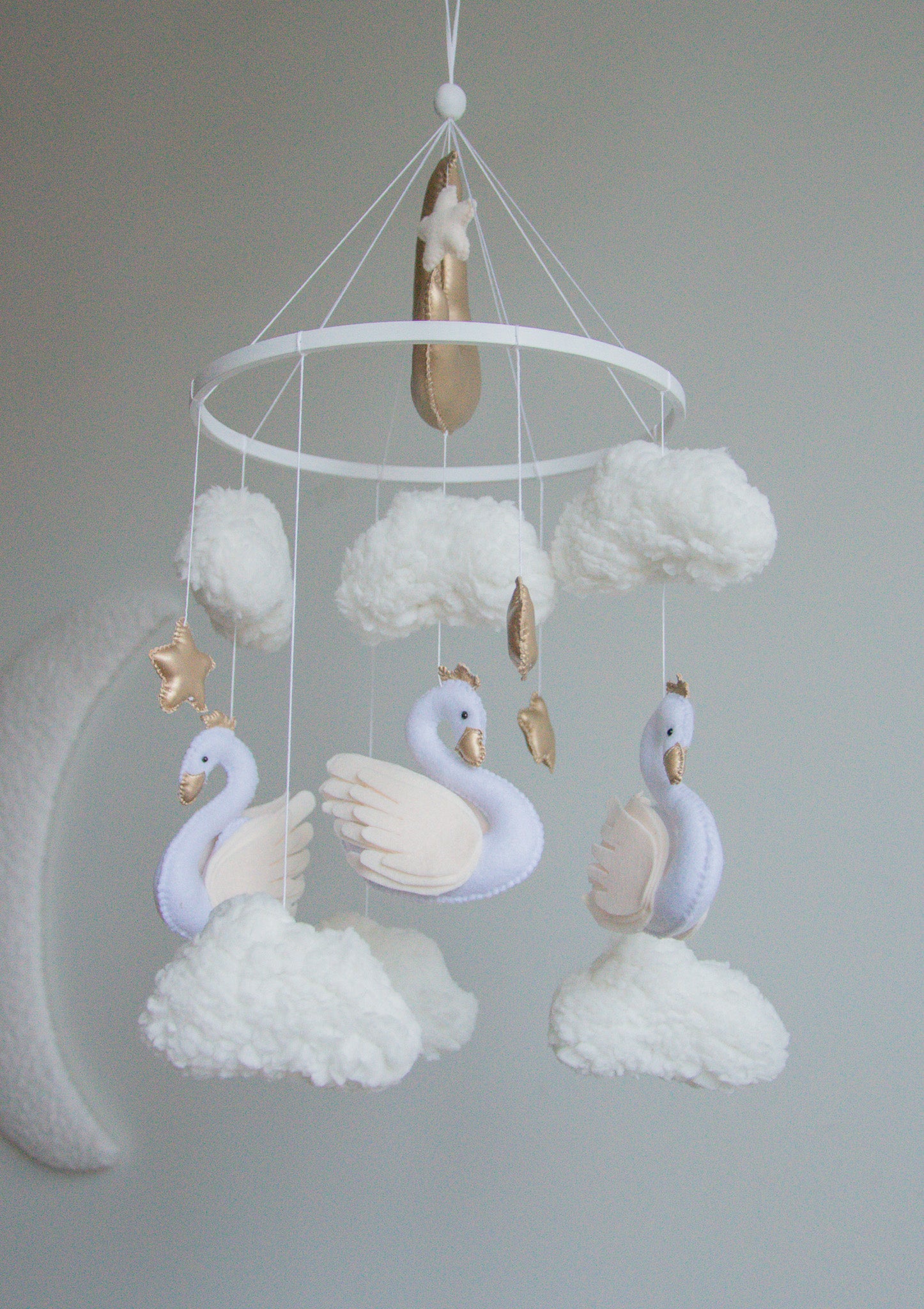 Swan Baby Mobile – Handmade Neutral Crib Mobile with Clouds and Moon, Elegant Nursery Decor