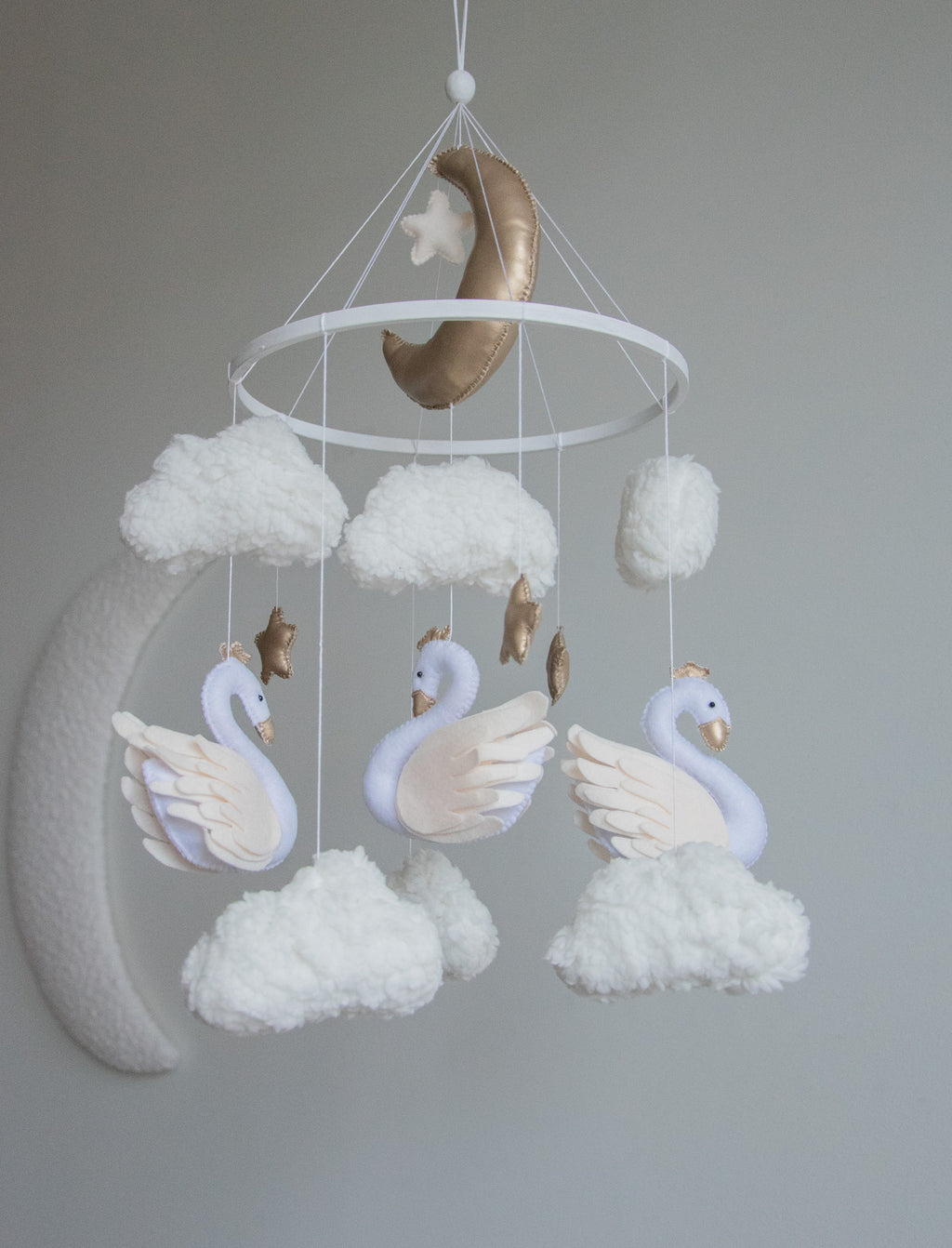 Swan Baby Mobile – Handmade Neutral Crib Mobile with Clouds and Moon, Elegant Nursery Decor
