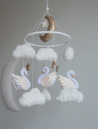 Swan Baby Mobile – Handmade Neutral Crib Mobile with Clouds and Moon, Elegant Nursery Decor