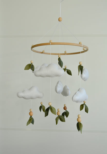 Floral mobile with leaves wooden beads and clouds