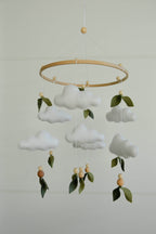 Floral mobile with leaves wooden beads and clouds - Minidreams Decor