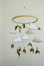 Floral mobile with leaves wooden beads and clouds - Minidreams Decor
