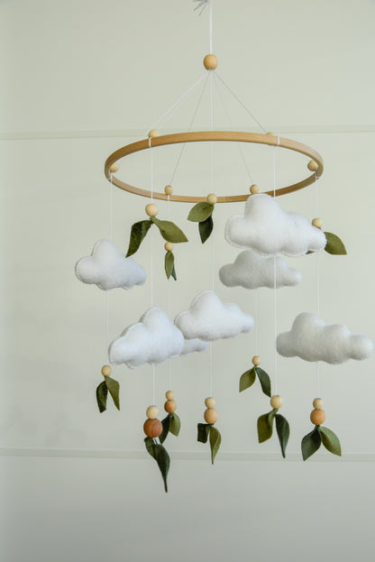 Floral mobile with leaves wooden beads and clouds