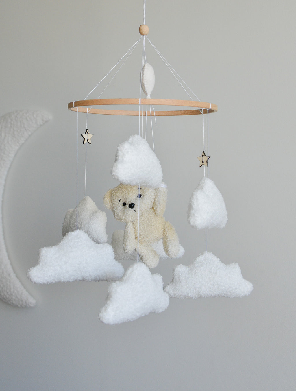 Teddy Bear hanging from balloon baby mobile with Boucle clouds