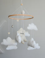 Teddy Bear hanging from balloon baby mobile with Boucle clouds