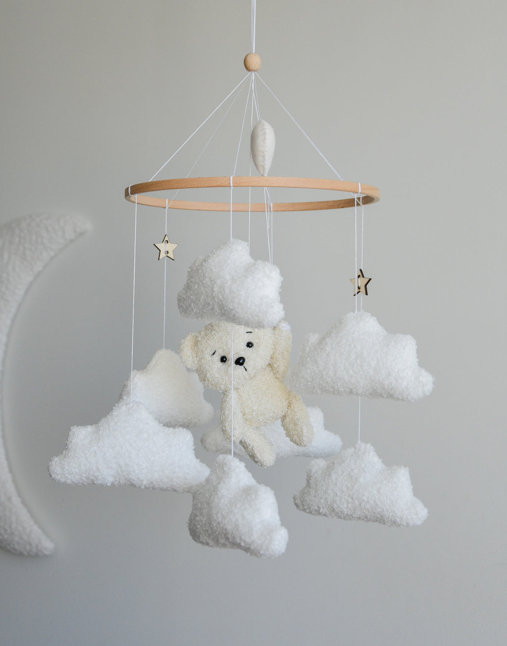 Teddy Bear hanging from balloon baby mobile with Boucle clouds