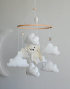 Teddy Bear hanging from balloon baby mobile with Boucle clouds