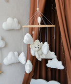 Teddy Bear hanging from balloon baby mobile with Boucle clouds