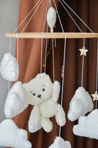 Teddy Bear hanging from balloon baby mobile with Boucle clouds