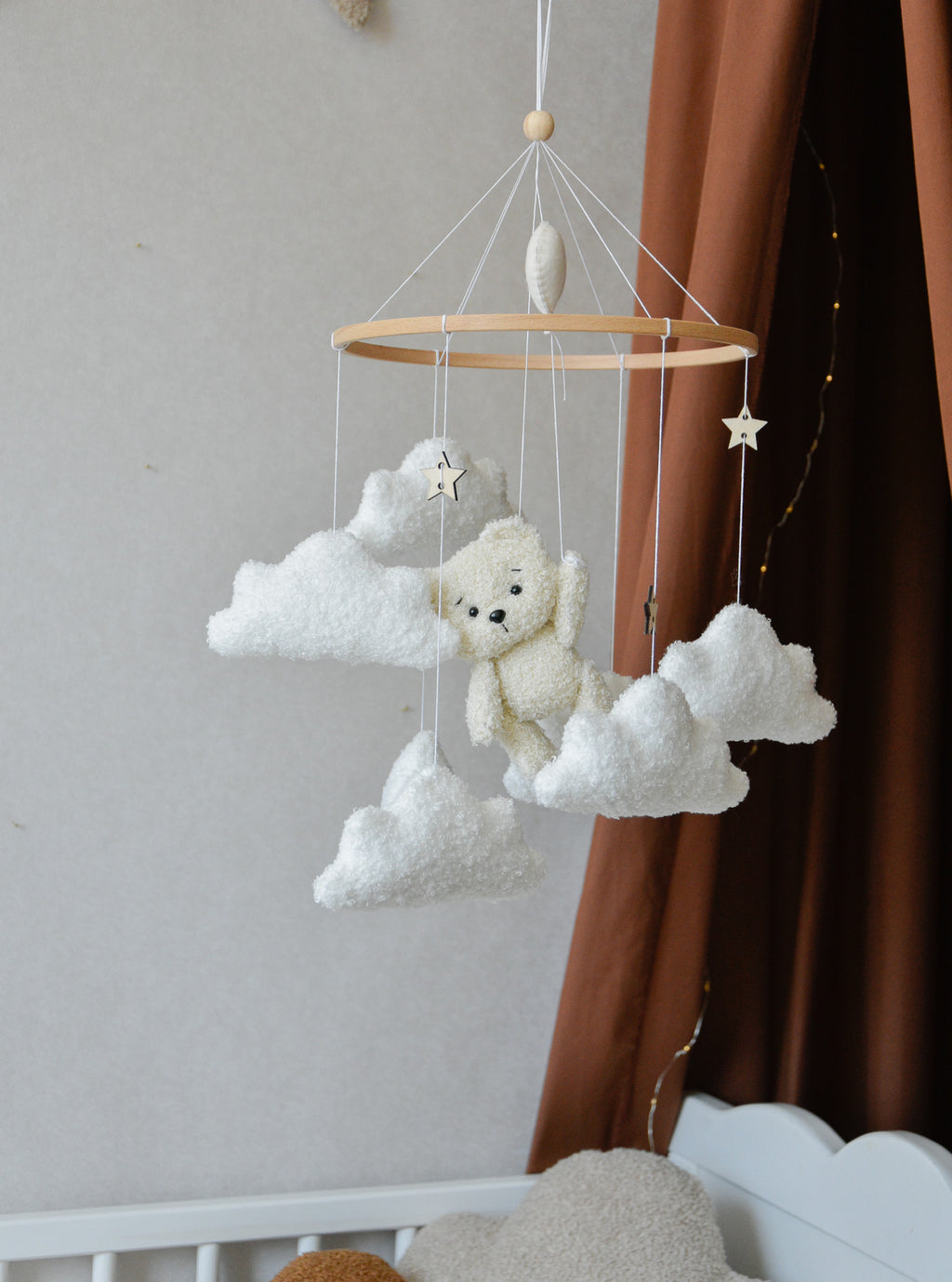 Teddy Bear hanging from balloon baby mobile with Boucle clouds