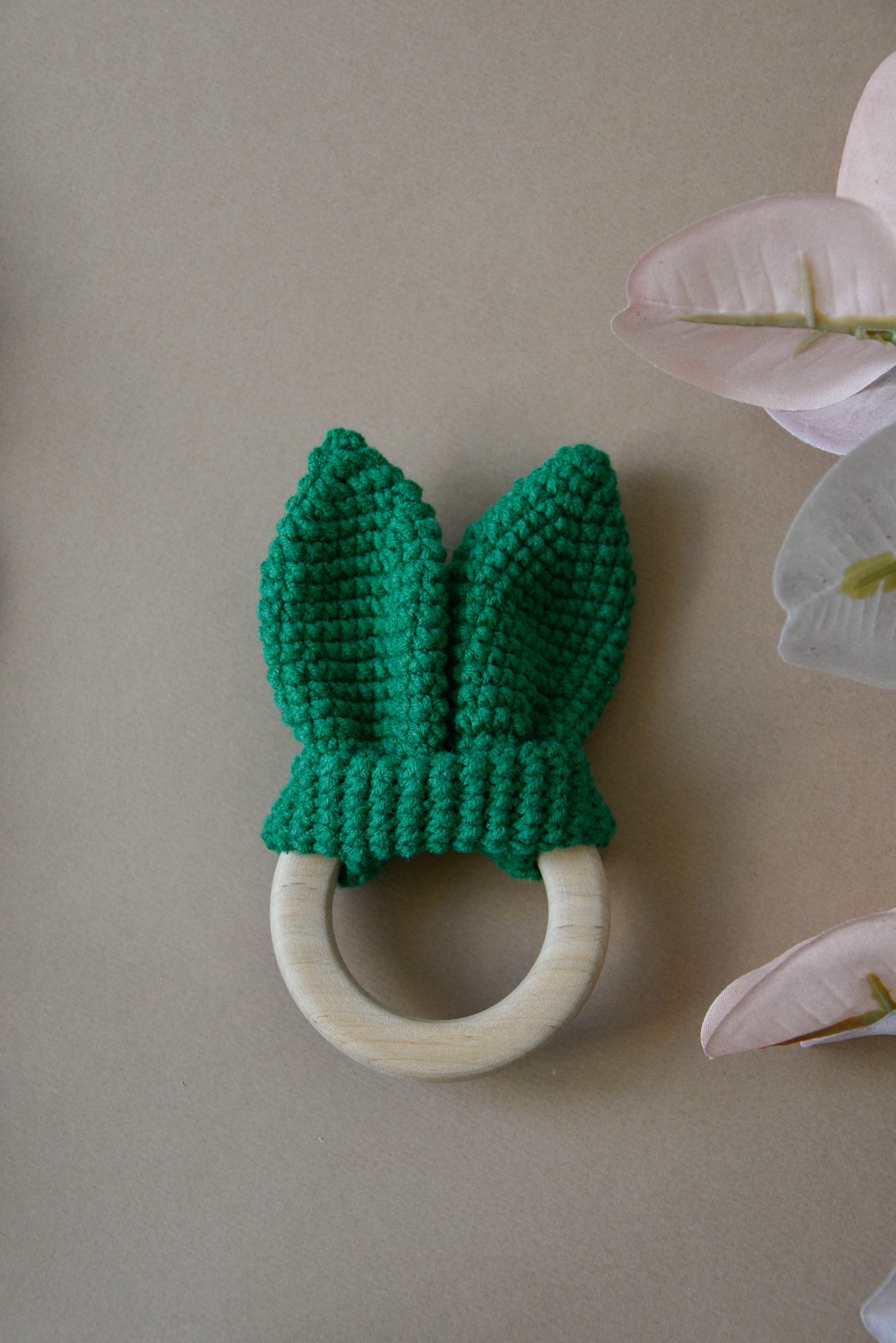 Crochet Wooden Baby Teether Bunny Ears - Minidreams Decor