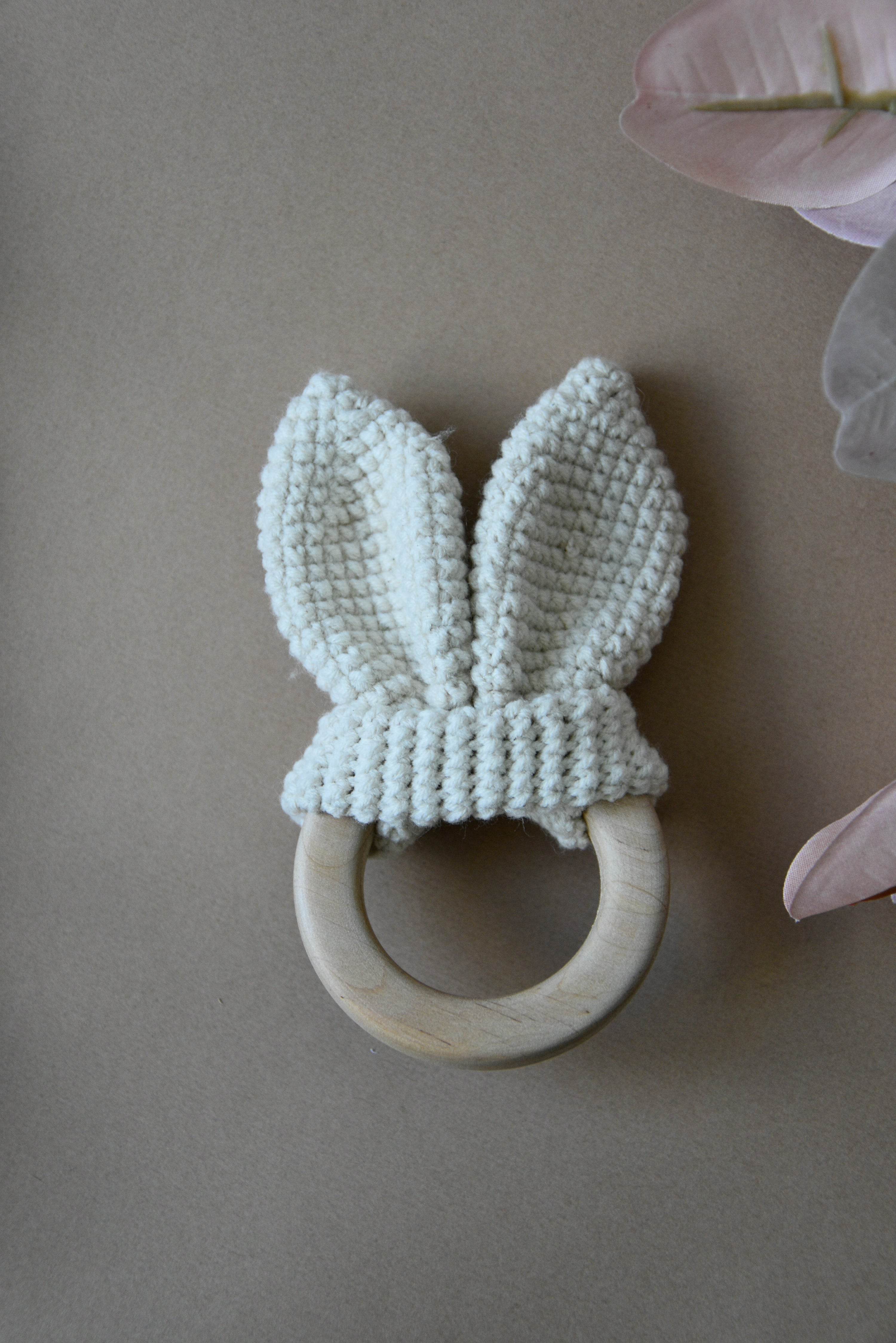Crochet Wooden Baby Teether Bunny Ears - Minidreams Decor