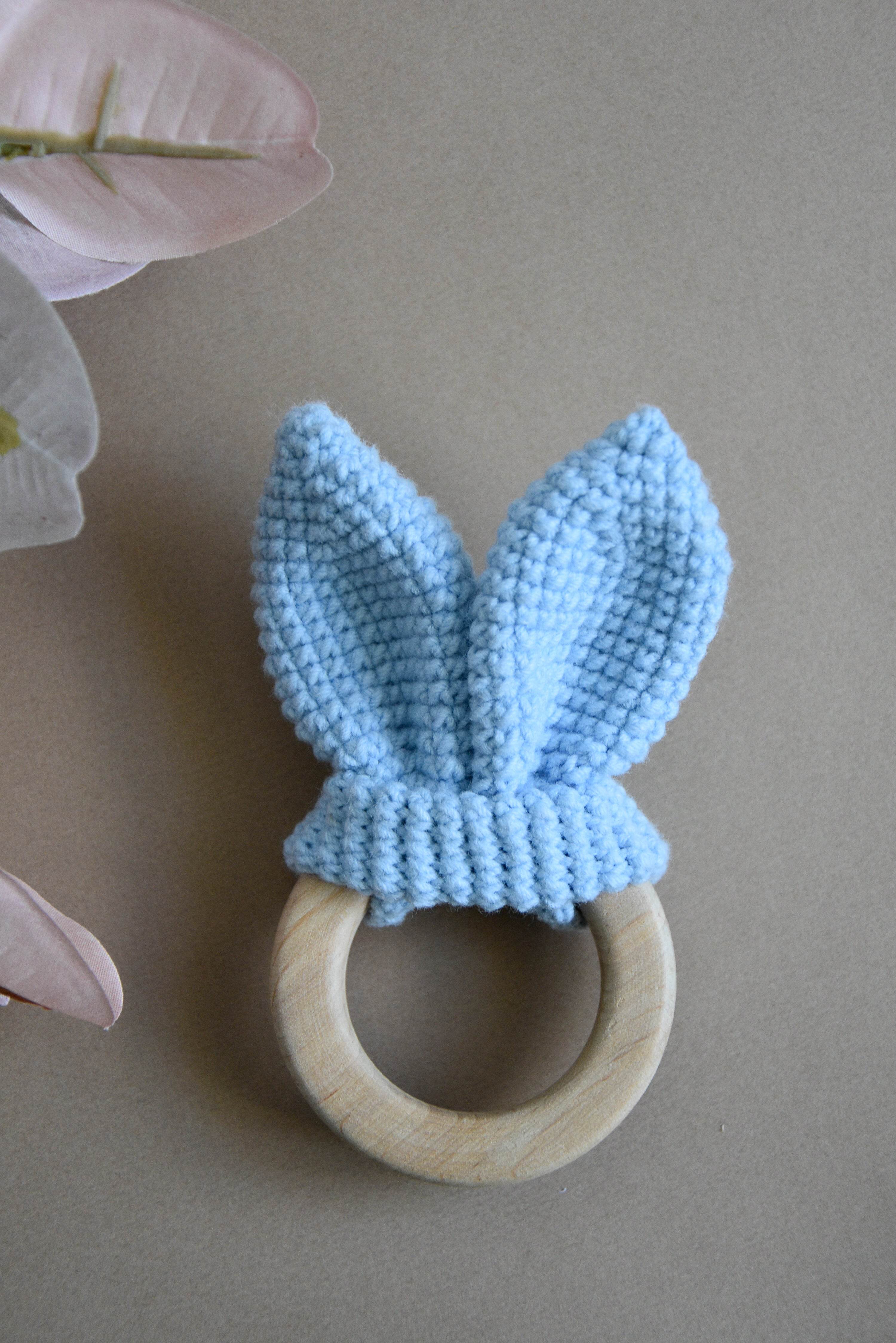 Crochet Wooden Baby Teether Bunny Ears - Minidreams Decor