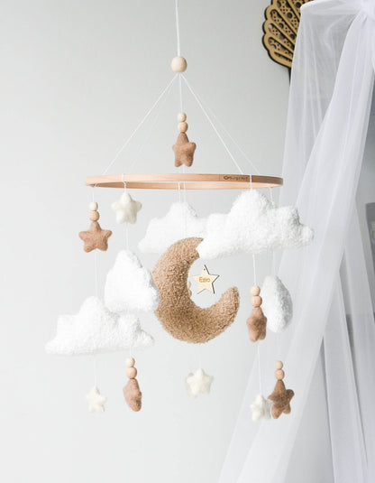 Boucle clouds and moon baby nursery mobile - Minidreams Decor