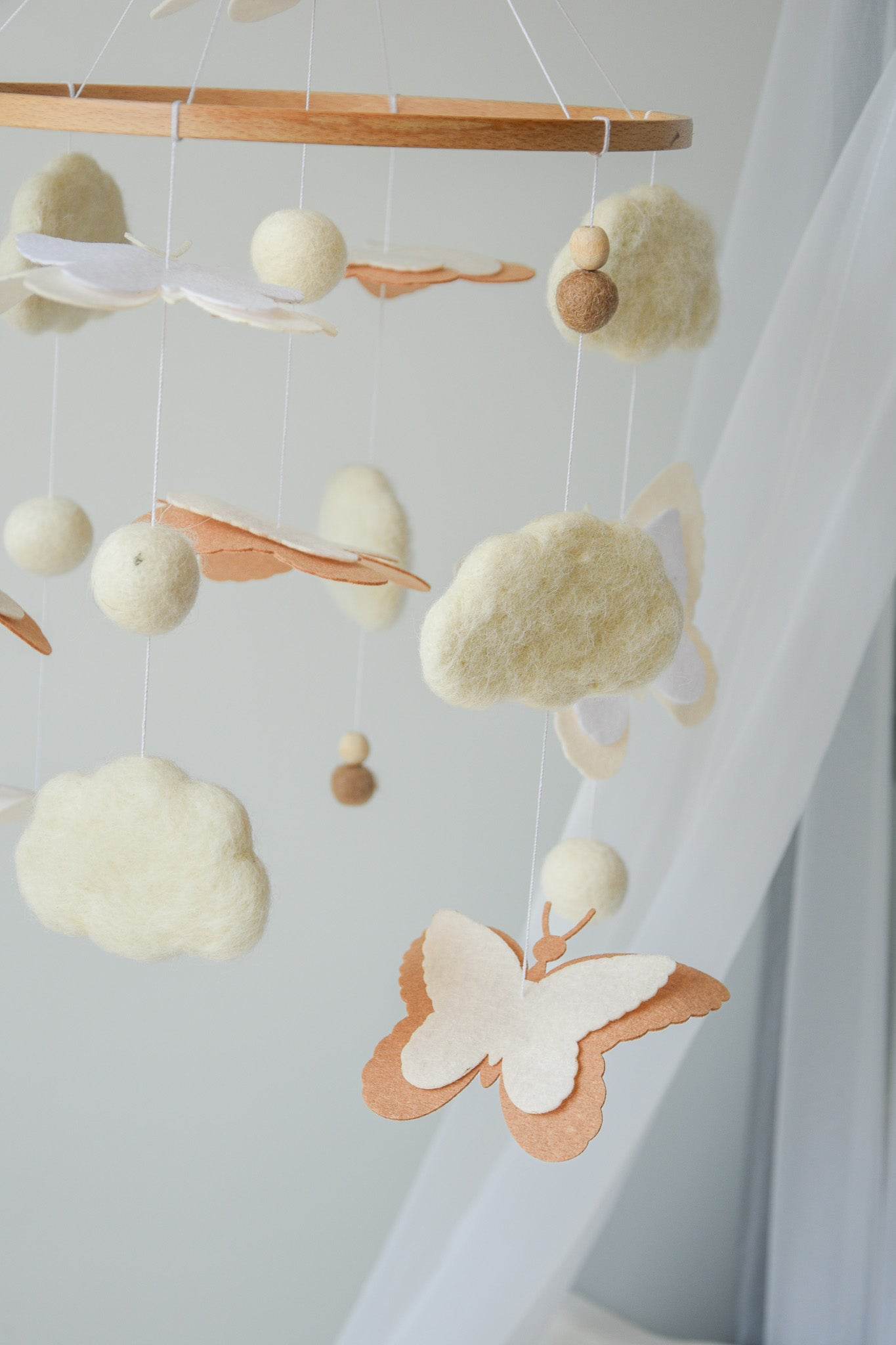 Fluffy felt clouds and butterflys handmade baby nursery mobile - Minidreams Decor