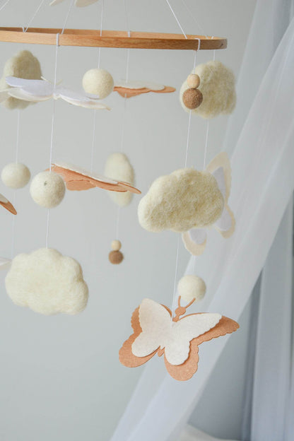 Fluffy felt clouds and butterflys handmade baby nursery mobile - Minidreams Decor