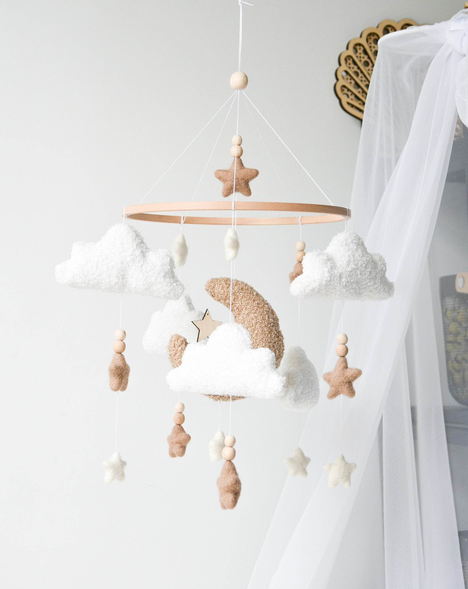 Boucle clouds and moon baby nursery mobile - Minidreams Decor