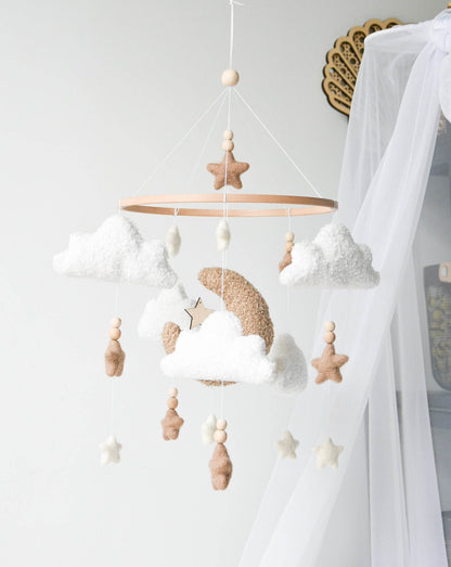 Boucle clouds and moon baby nursery mobile - Minidreams Decor