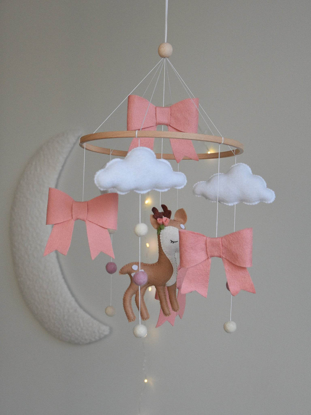 Cute Deer cloud and pink bows themed Baby crib Mobile - Minidreams Decor