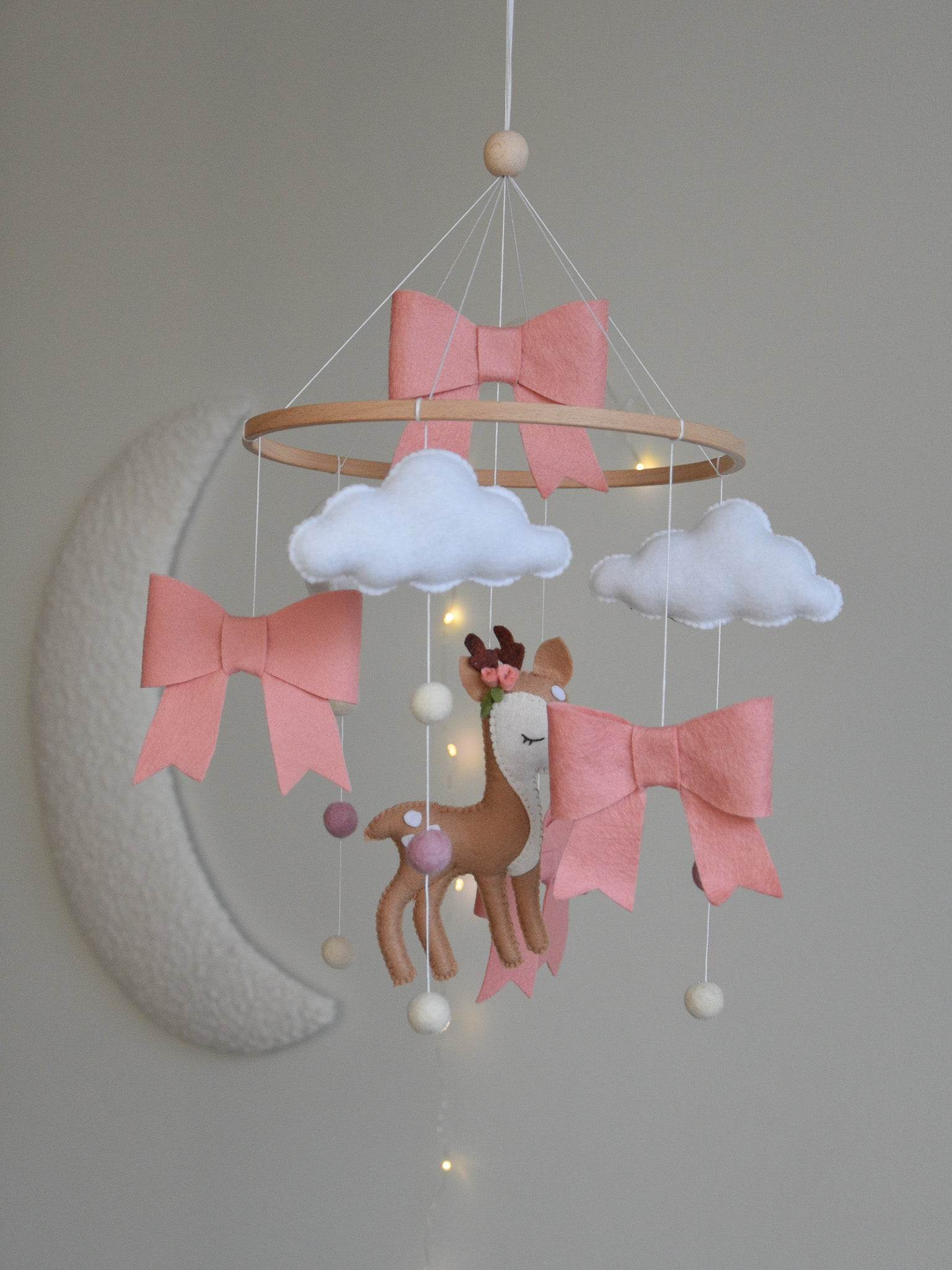Cute Deer cloud and pink bows themed Baby crib Mobile - Minidreams Decor