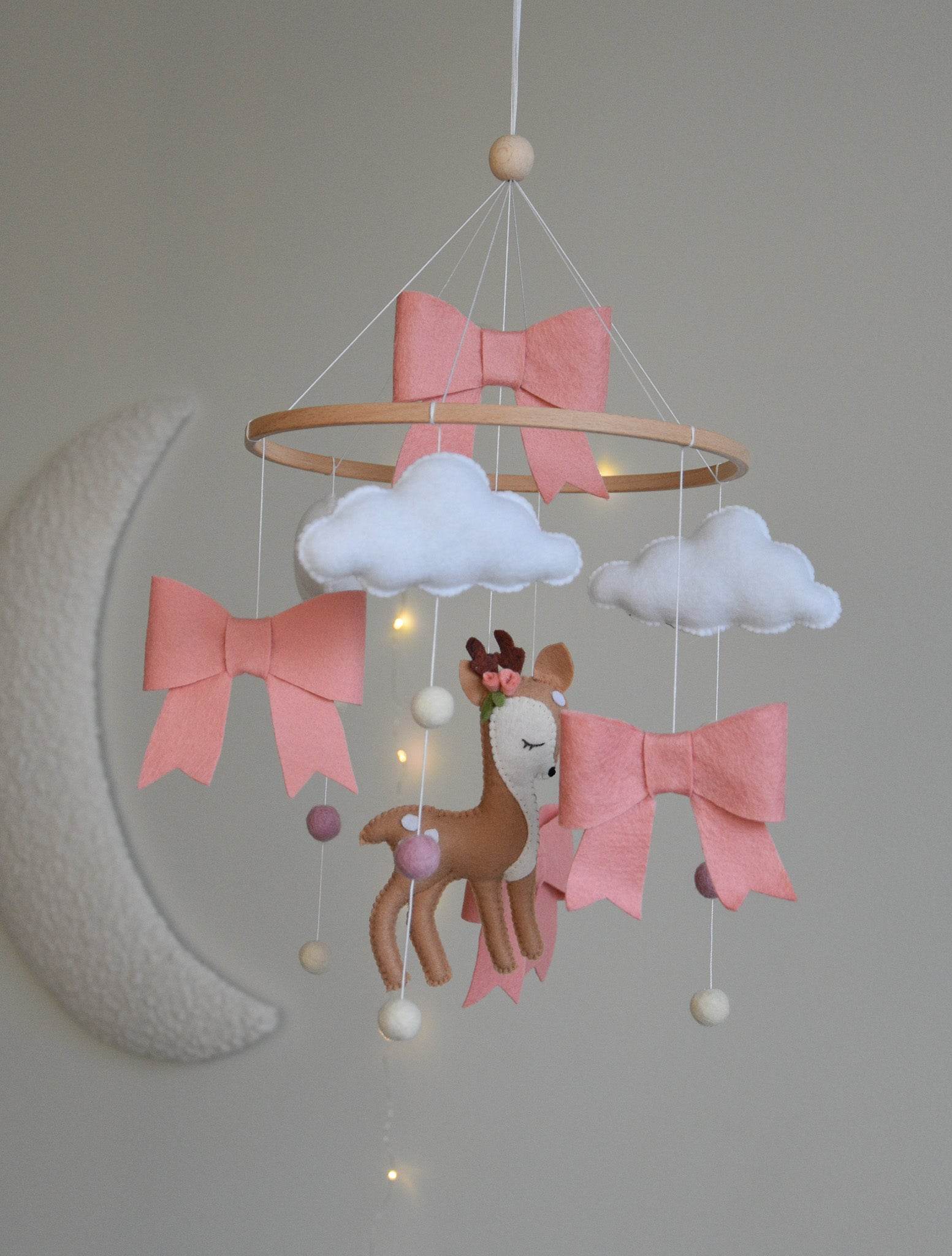 Cute Deer cloud and pink bows themed Baby crib Mobile - Minidreams Decor