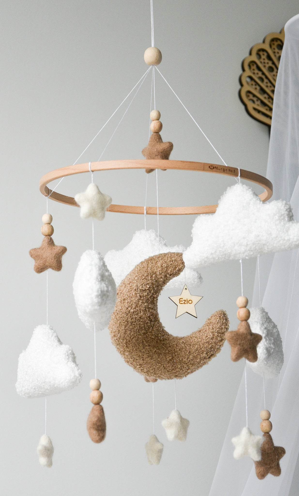 Boucle clouds and moon baby nursery mobile - Minidreams Decor
