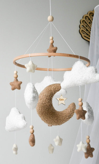 Boucle clouds and moon baby nursery mobile - Minidreams Decor