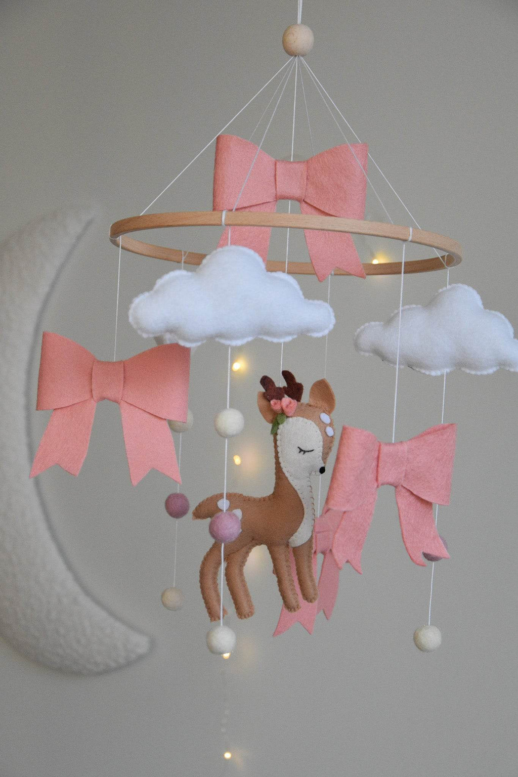 Cute Deer cloud and pink bows themed Baby crib Mobile - Minidreams Decor