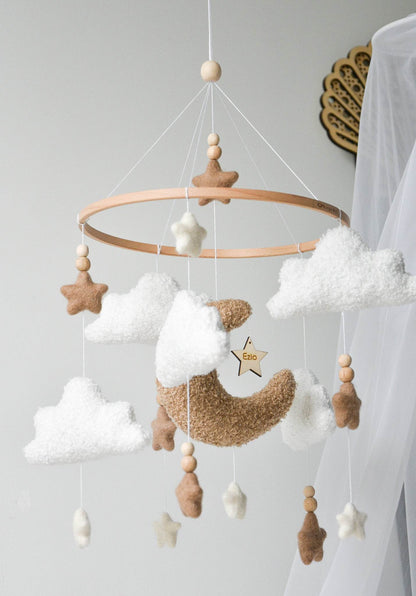 Boucle clouds and moon baby nursery mobile - Minidreams Decor